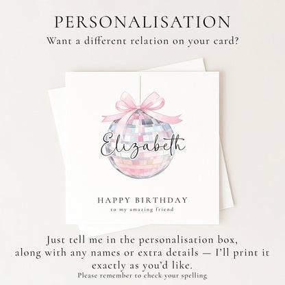 Pink Disco Ball Birthday Card Personalised, Happy Birthday Friend Card, Custom Name Birthday Card for Her, Cute Pastel Birthday Card