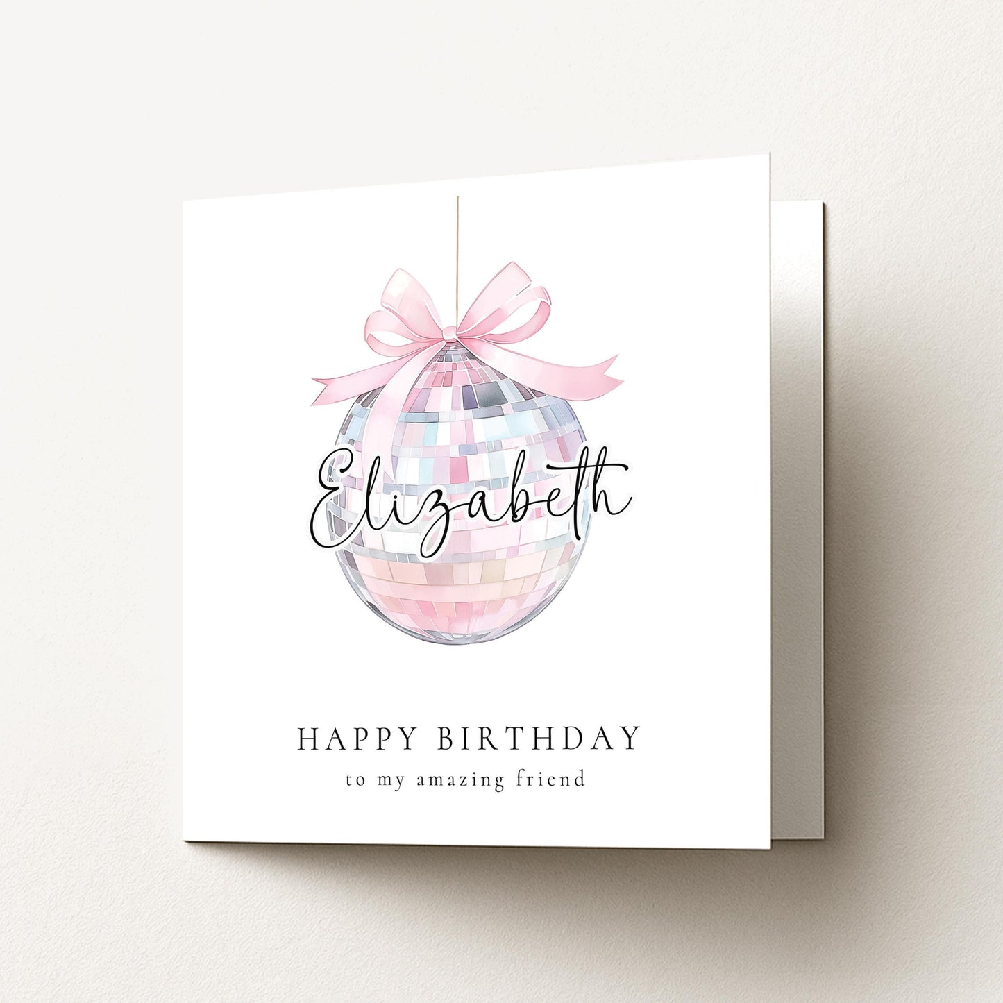 Pink Disco Ball Birthday Card Personalised, Happy Birthday Friend Card, Custom Name Birthday Card for Her, Cute Pastel Birthday Card