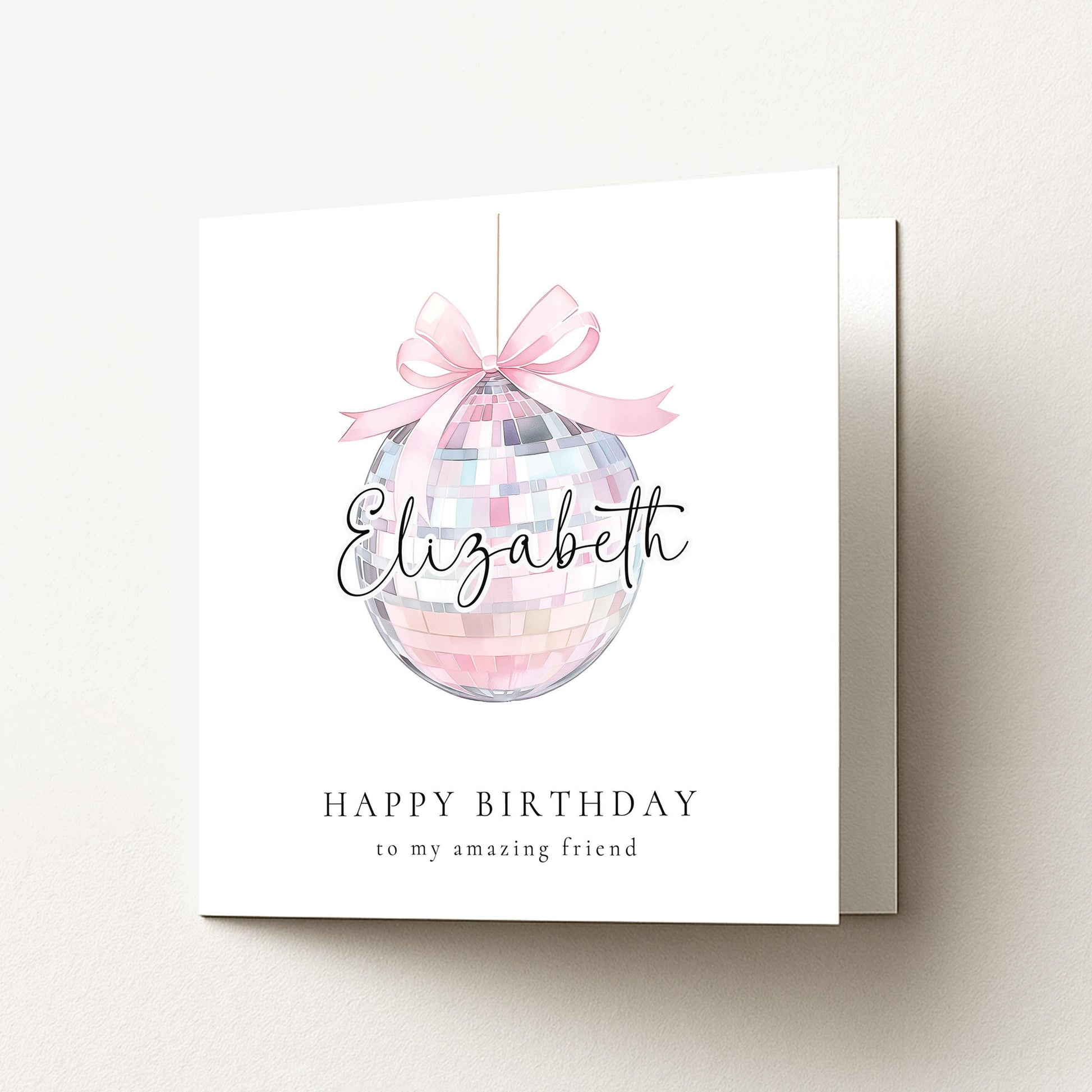 Pink Disco Ball Birthday Card Personalised, Happy Birthday Friend Card, Custom Name Birthday Card for Her, Cute Pastel Birthday Card