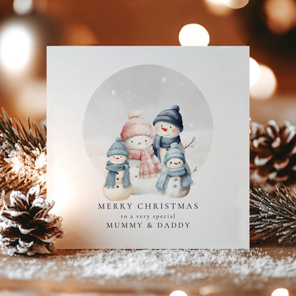 Christmas Card for Mummy and Daddy from Two Sons, Personalised Snowman Family Card, Custom Parents Christmas Card from Boys
