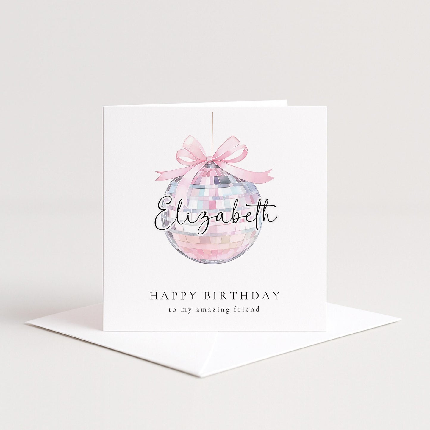 Pink Disco Ball Birthday Card Personalised, Happy Birthday Friend Card, Custom Name Birthday Card for Her, Cute Pastel Birthday Card
