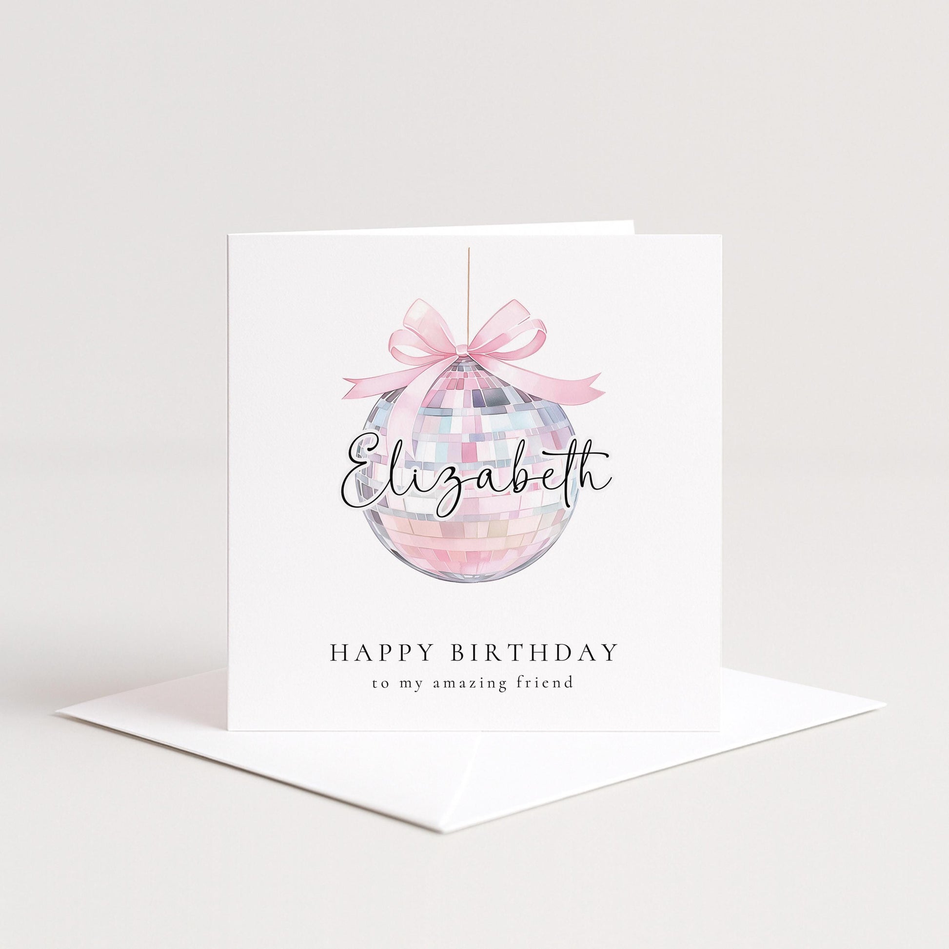 Pink Disco Ball Birthday Card Personalised, Happy Birthday Friend Card, Custom Name Birthday Card for Her, Cute Pastel Birthday Card