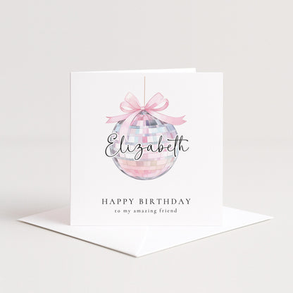 Pink Disco Ball Birthday Card Personalised, Happy Birthday Friend Card, Custom Name Birthday Card for Her, Cute Pastel Birthday Card