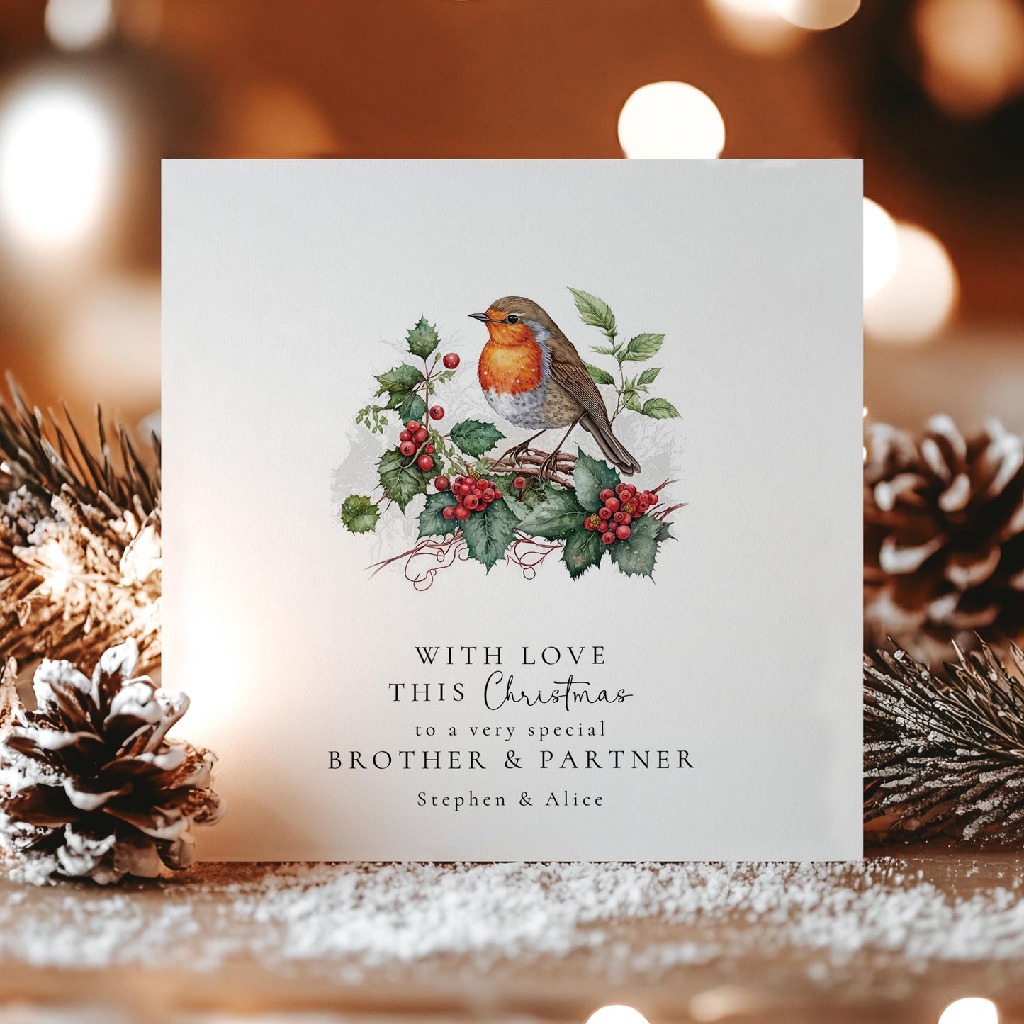 Personalised Robin Christmas Card for Brother & Partner, Cute Robin Xmas Card, Family Christmas Card, Custom Winter Holiday Card