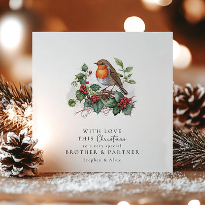 Personalised Robin Christmas Card for Brother & Partner, Cute Robin Xmas Card, Family Christmas Card, Custom Winter Holiday Card