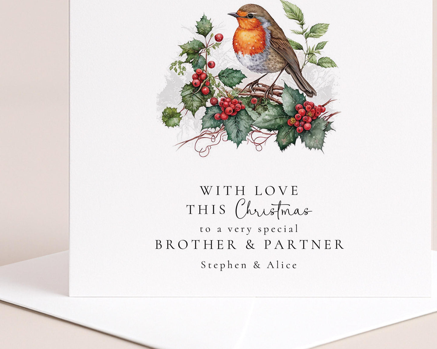 Personalised Robin Christmas Card for Brother & Partner, Cute Robin Xmas Card, Family Christmas Card, Custom Winter Holiday Card
