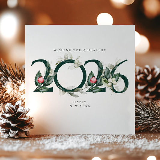 2026 New Year Card, Wishing You a Healthy New Year, Elegant Floral Happy New Year Card, New Year Greeting Card, Botanical Card