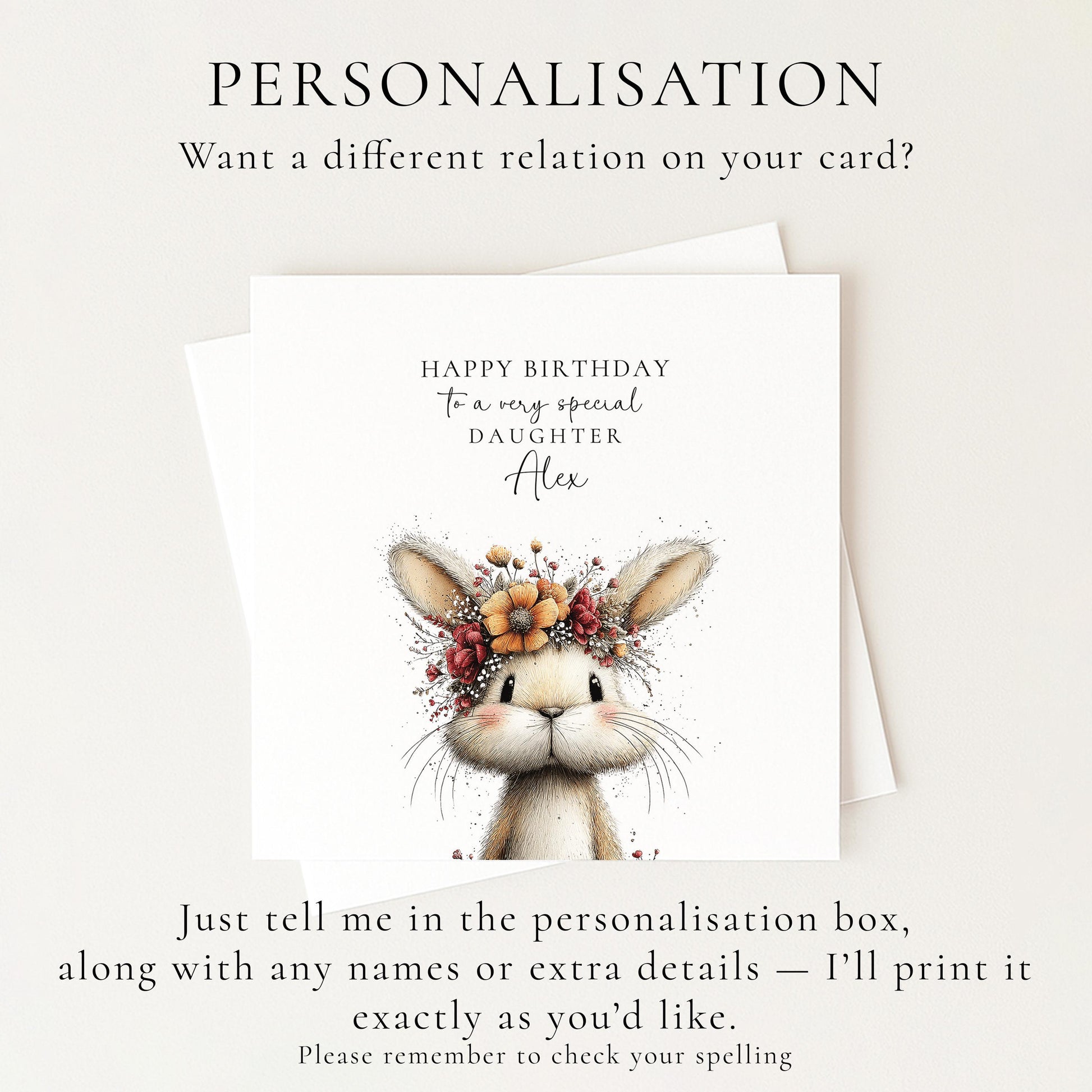 Daughter Birthday Card, Bunny Birthday Card, Personalised Daughter Card, Floral Crown Rabbit Card, Cute Girls Birthday Card