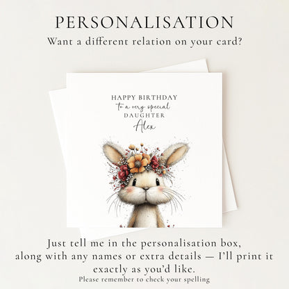 Daughter Birthday Card, Bunny Birthday Card, Personalised Daughter Card, Floral Crown Rabbit Card, Cute Girls Birthday Card