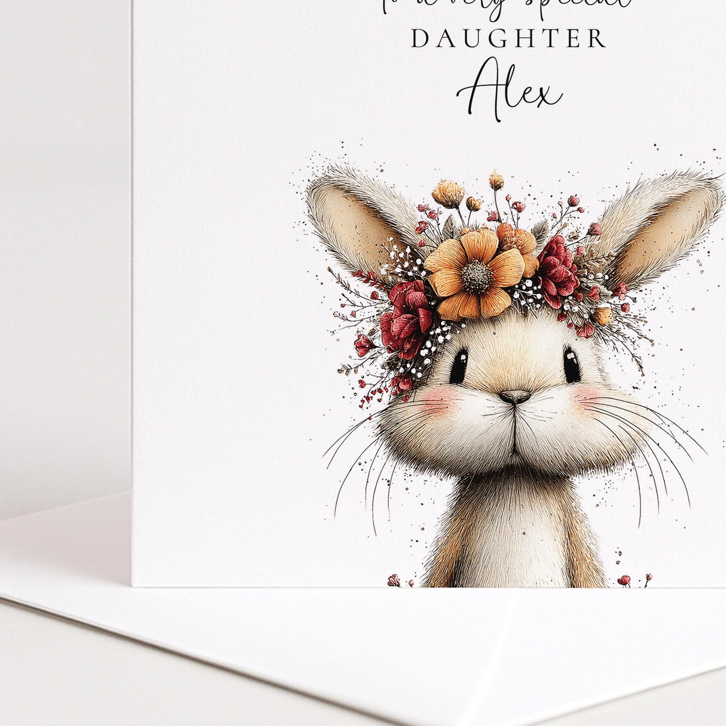 Daughter Birthday Card, Bunny Birthday Card, Personalised Daughter Card, Floral Crown Rabbit Card, Cute Girls Birthday Card