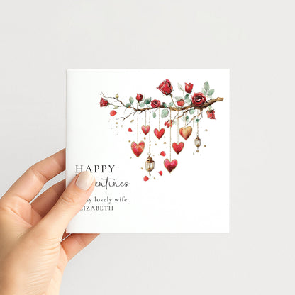Valentines Card for Wife, Romantic Roses & Hearts Valentine Card, Personalised Wife Valentine’s Day Card, Printed Love Card