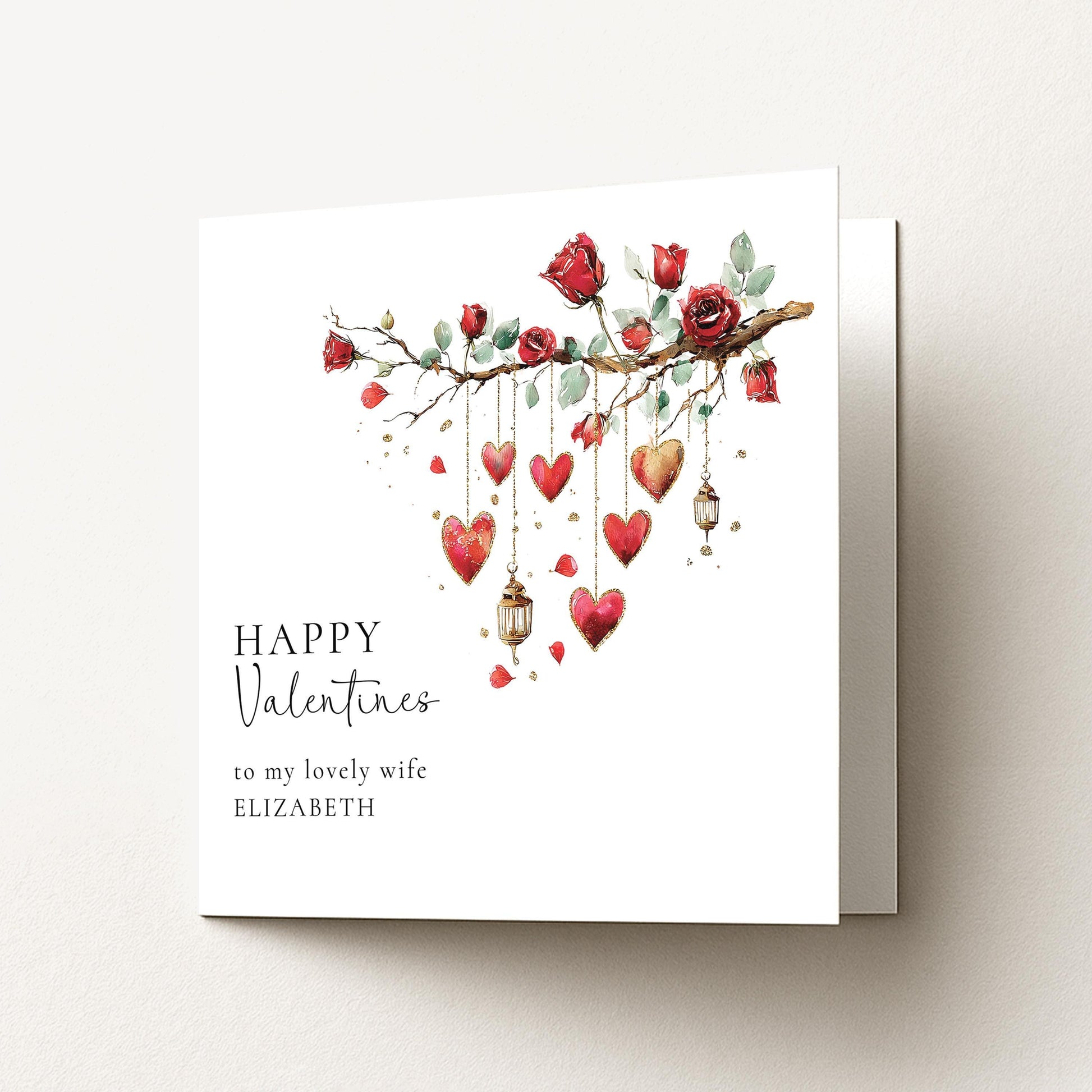 Valentines Card for Wife, Romantic Roses & Hearts Valentine Card, Personalised Wife Valentine’s Day Card, Printed Love Card