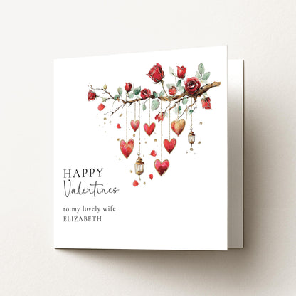 Valentines Card for Wife, Romantic Roses & Hearts Valentine Card, Personalised Wife Valentine’s Day Card, Printed Love Card