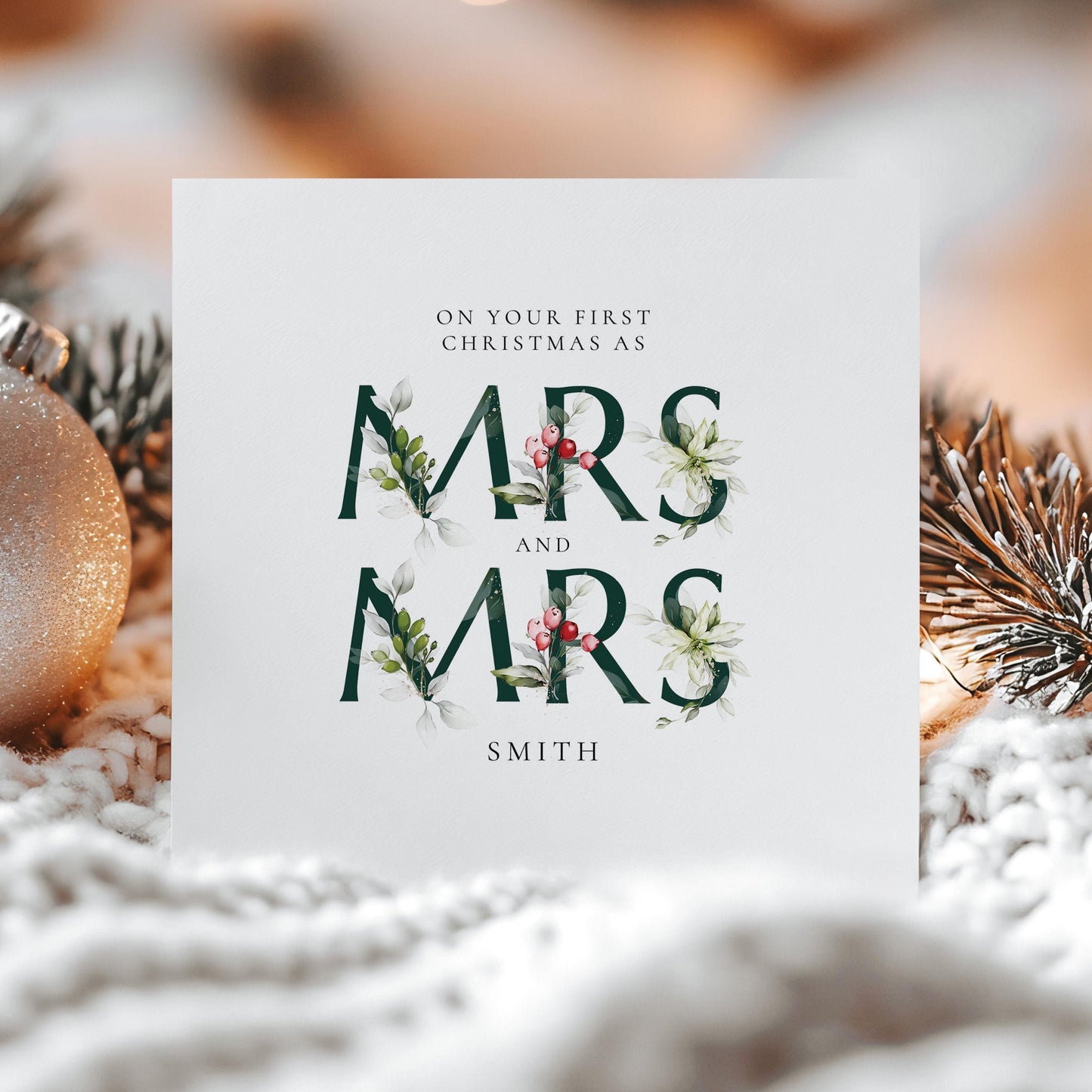 First Christmas Married Card: Elegant Festive Mrs & Mrs Holly Design