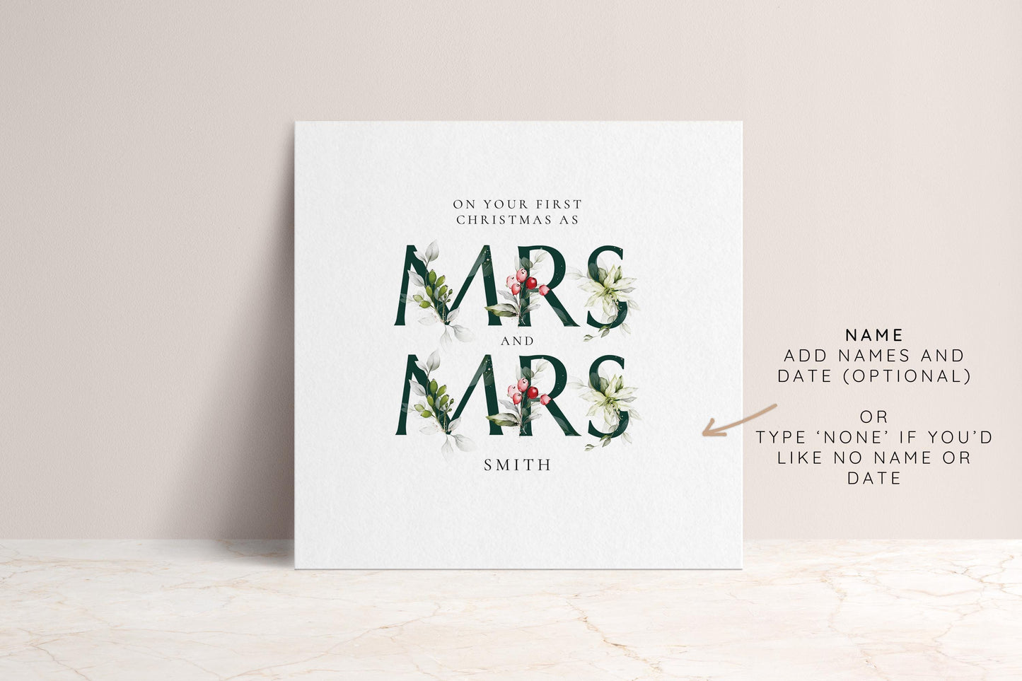 First Christmas Married Card: Elegant Festive Mrs & Mrs Holly Design