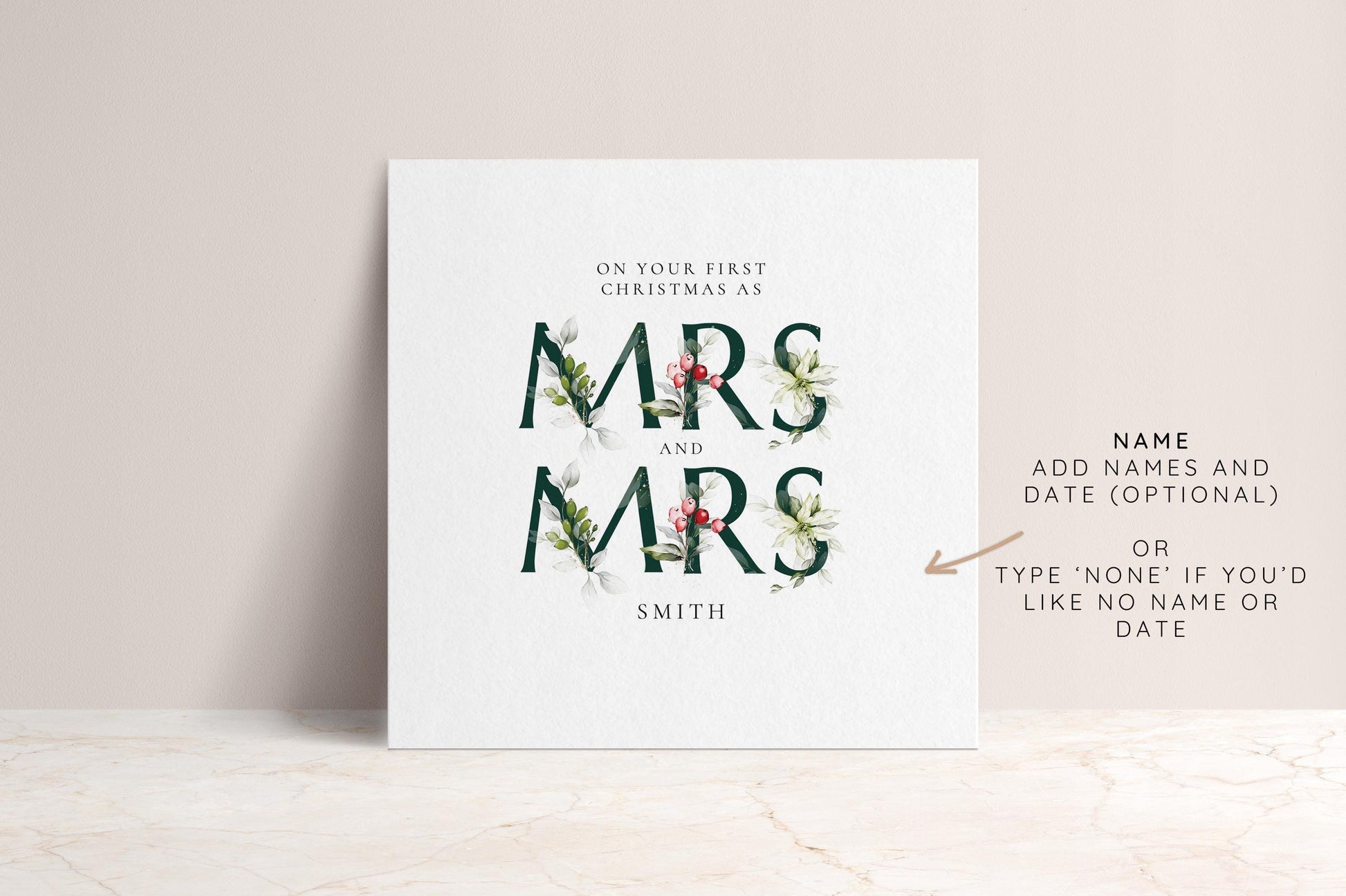 First Christmas Married Card: Elegant Festive Mrs & Mrs Holly Design