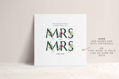 First Christmas Married Card: Elegant Festive Mrs & Mrs Holly Design