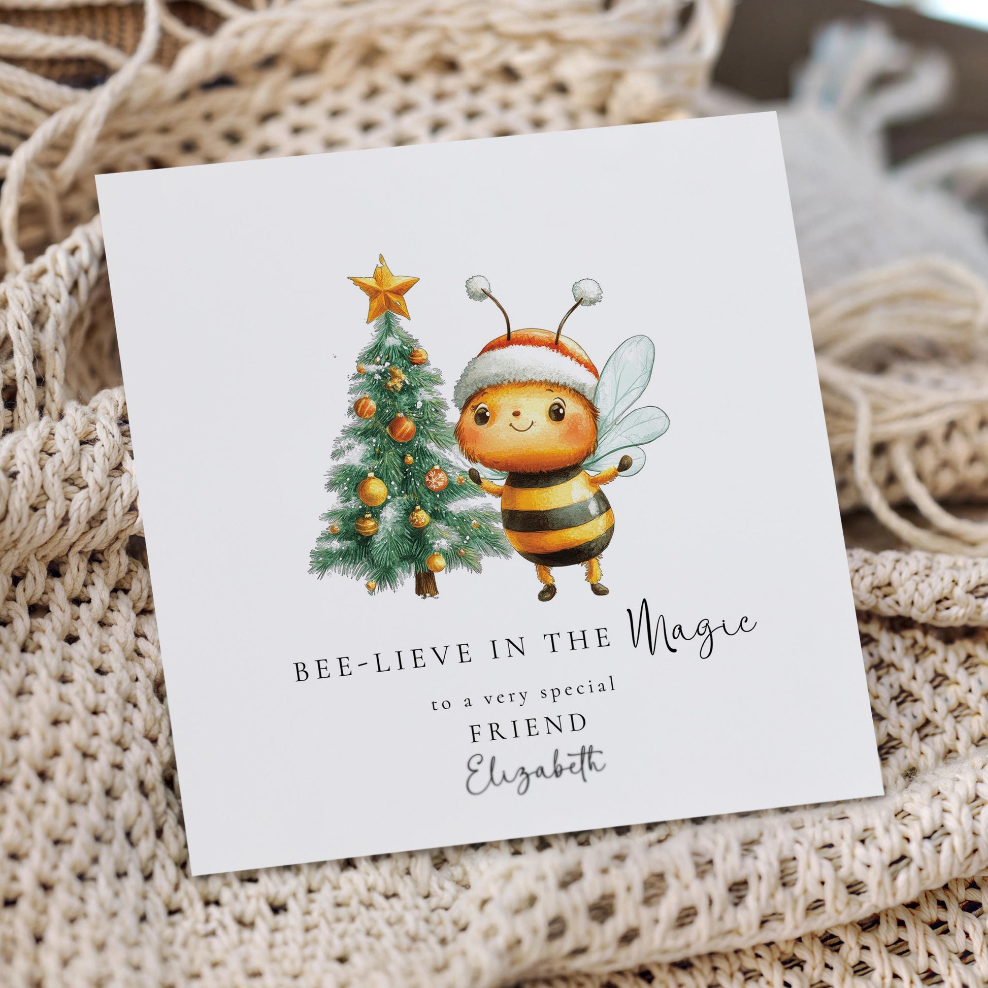 Bee Christmas Card, Bee-lieve in the Magic Card, Cute Personalised Xmas Card for Friend, Christmas Bee & Tree Card, Custom Name Holiday Card