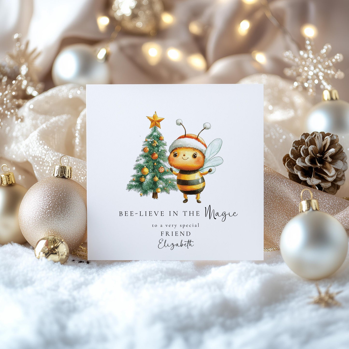 Bee Christmas Card, Bee-lieve in the Magic Card, Cute Personalised Xmas Card for Friend, Christmas Bee & Tree Card, Custom Name Holiday Card