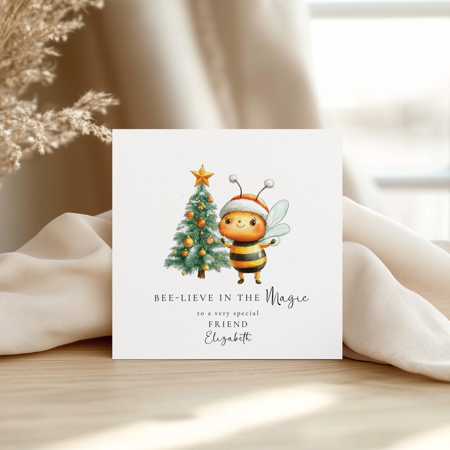 Bee Christmas Card, Bee-lieve in the Magic Card, Cute Personalised Xmas Card for Friend, Christmas Bee & Tree Card, Custom Name Holiday Card