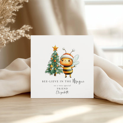 Bee Christmas Card, Bee-lieve in the Magic Card, Cute Personalised Xmas Card for Friend, Christmas Bee & Tree Card, Custom Name Holiday Card