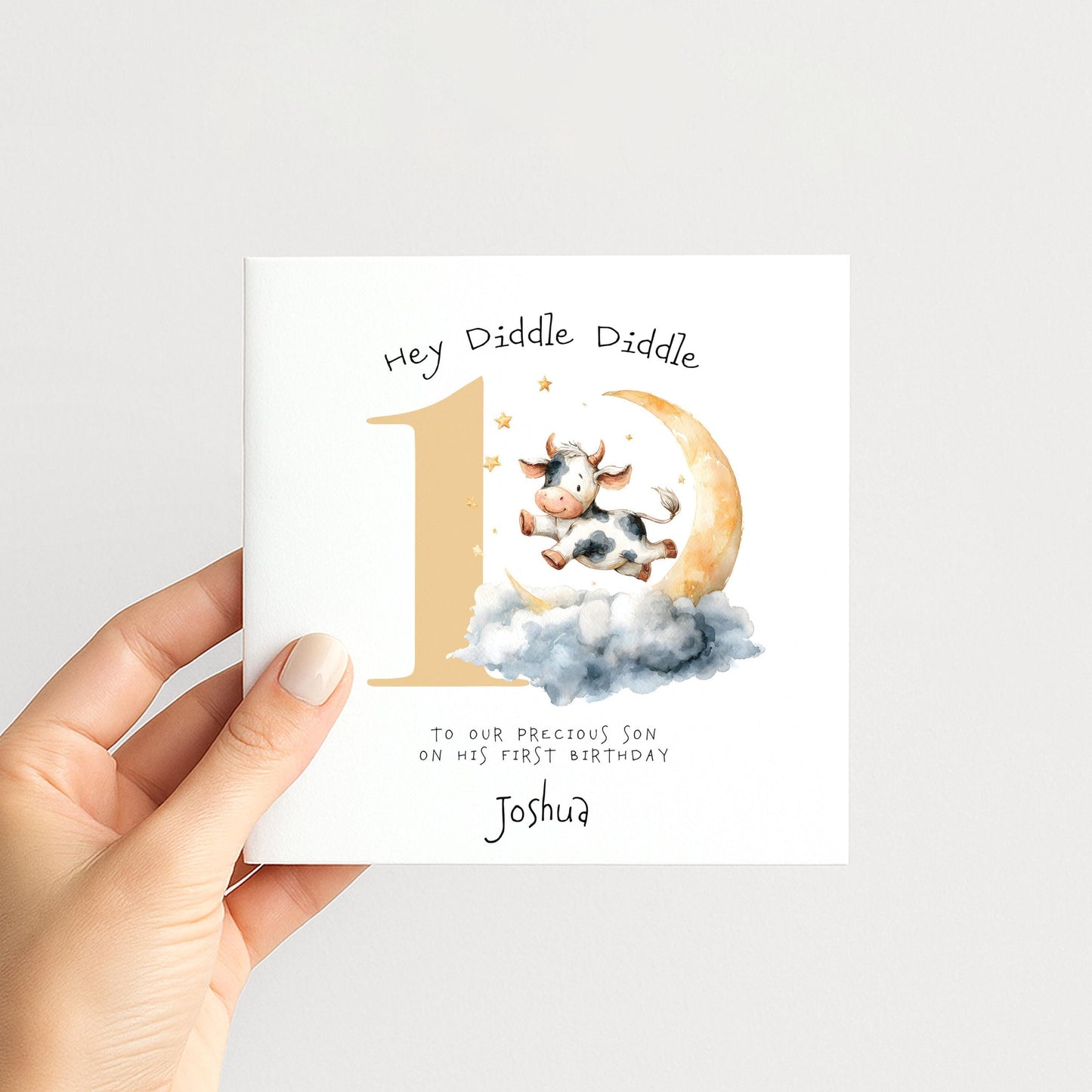 Personalised 1st Birthday Card for Son or Boy, Hey Diddle Diddle First Birthday Card, Cow Jumping Over the Moon Card, Nursery Rhyme Theme