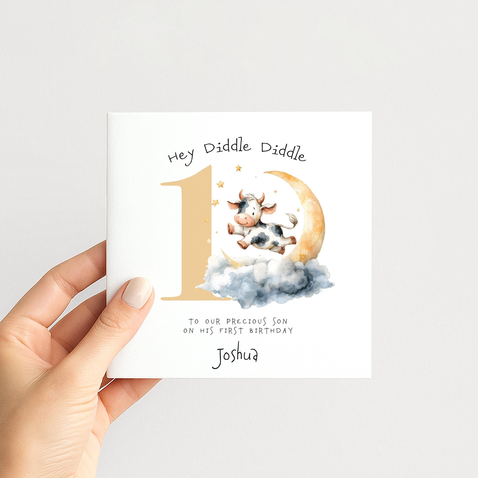 Personalised 1st Birthday Card for Son or Boy, Hey Diddle Diddle First Birthday Card, Cow Jumping Over the Moon Card, Nursery Rhyme Theme