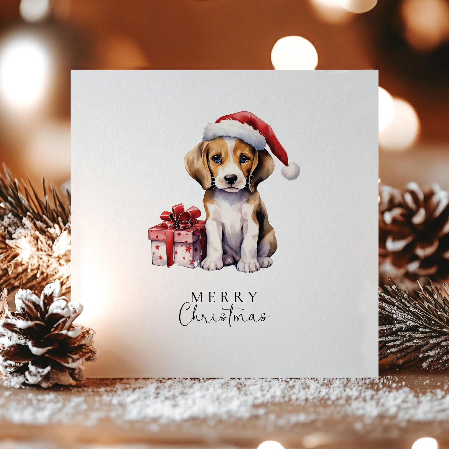 Merry Christmas Beagle Card, Cute Puppy in Santa Hat, Dog Christmas Card, Christmas Card for Dog Lovers, Festive Pet Greeting Card