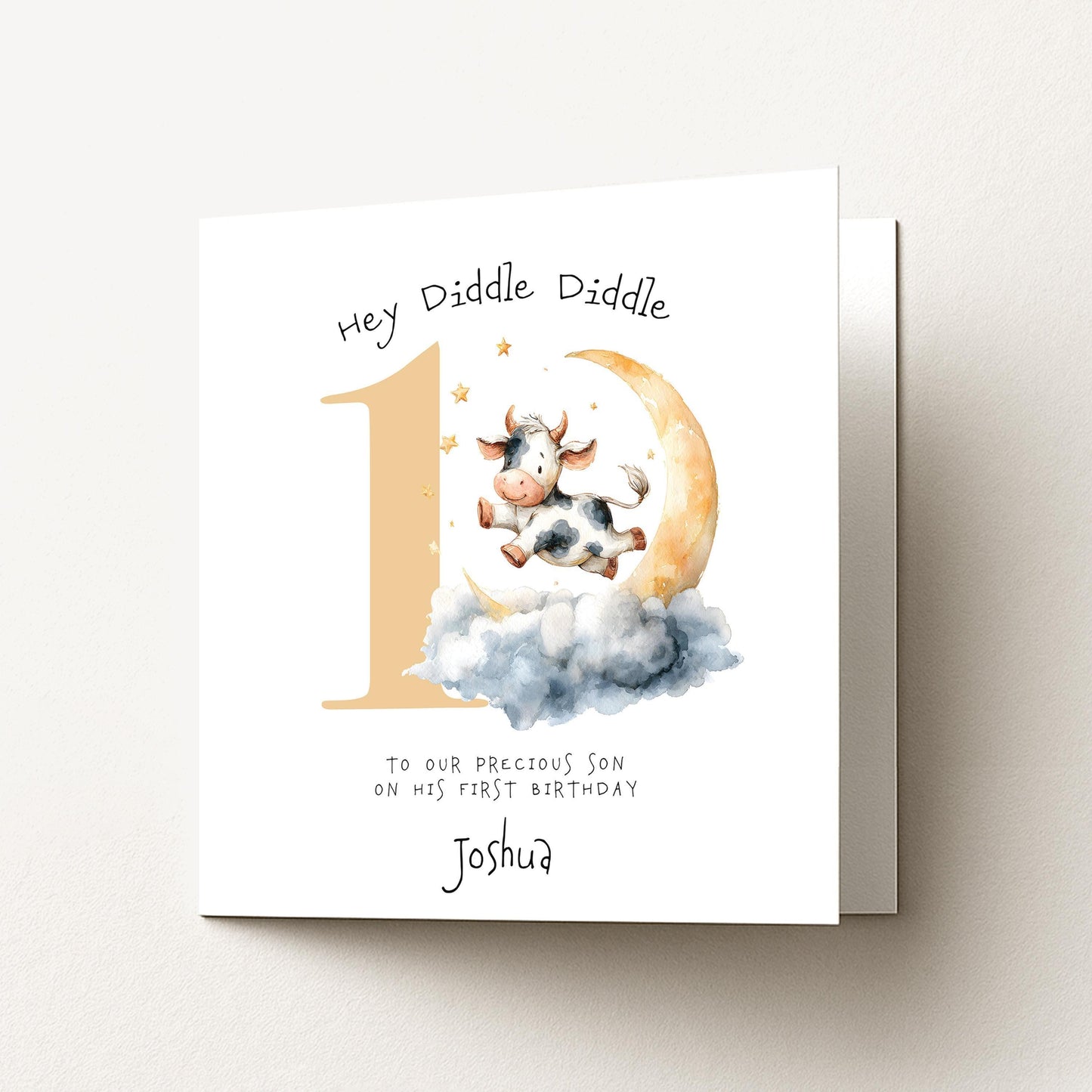 Personalised 1st Birthday Card for Son or Boy, Hey Diddle Diddle First Birthday Card, Cow Jumping Over the Moon Card, Nursery Rhyme Theme