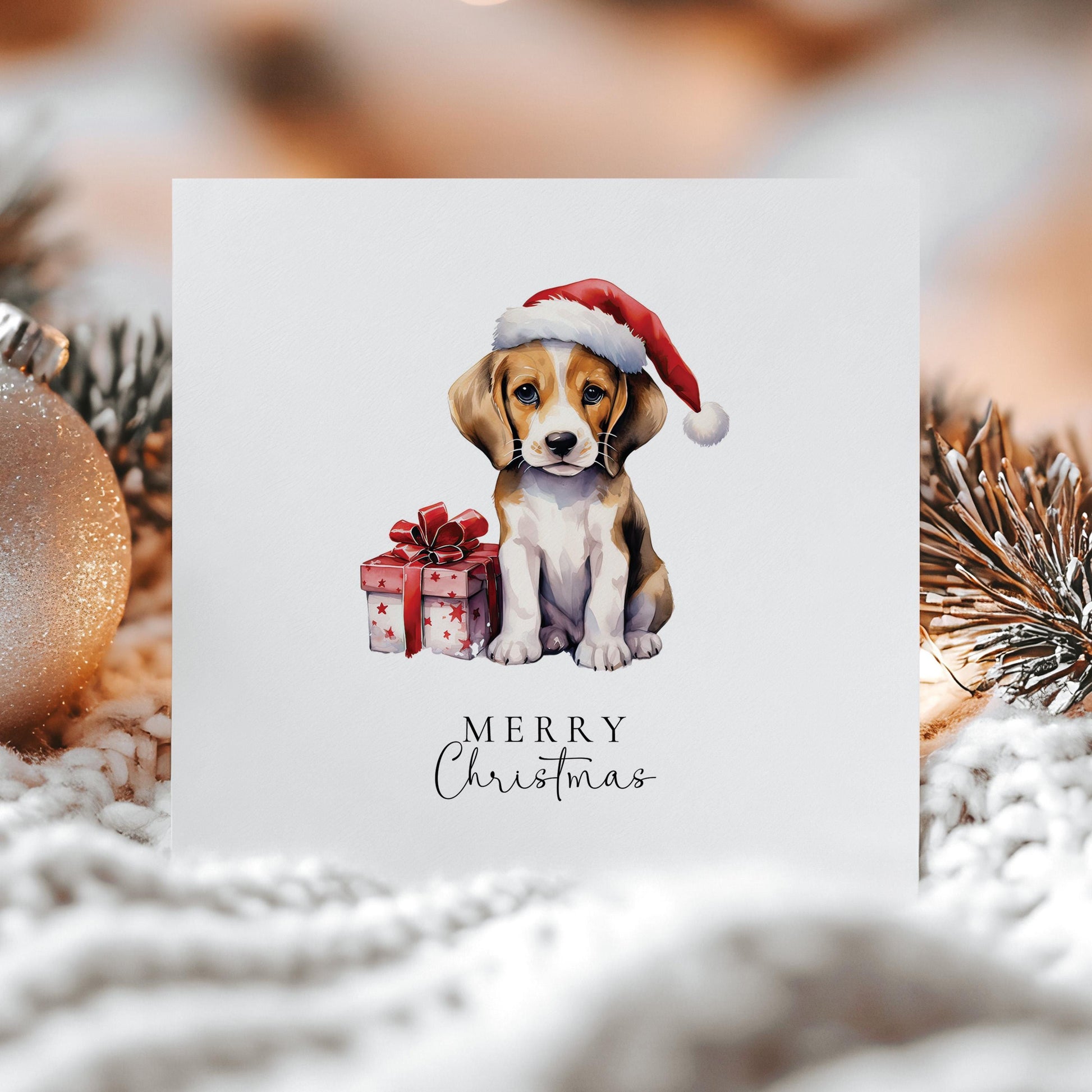 Merry Christmas Beagle Card, Cute Puppy in Santa Hat, Dog Christmas Card, Christmas Card for Dog Lovers, Festive Pet Greeting Card