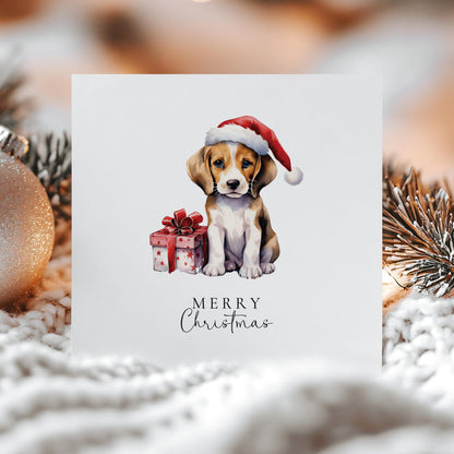 Merry Christmas Beagle Card, Cute Puppy in Santa Hat, Dog Christmas Card, Christmas Card for Dog Lovers, Festive Pet Greeting Card