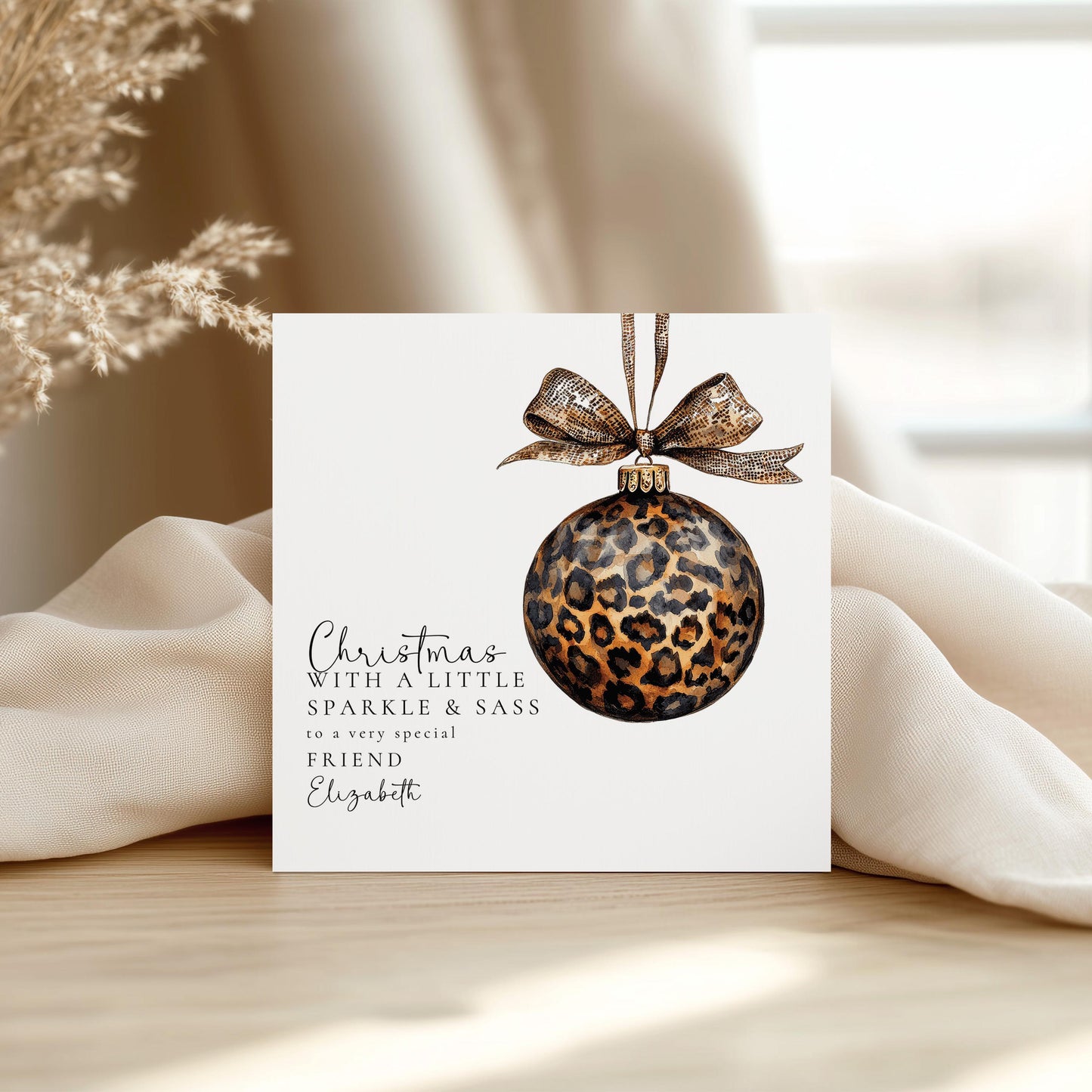 Christmas Card for Friend, Leopard Print Bauble, Sparkle and Sass Card, Personalised Christmas Card for Her, Stylish Holiday Card