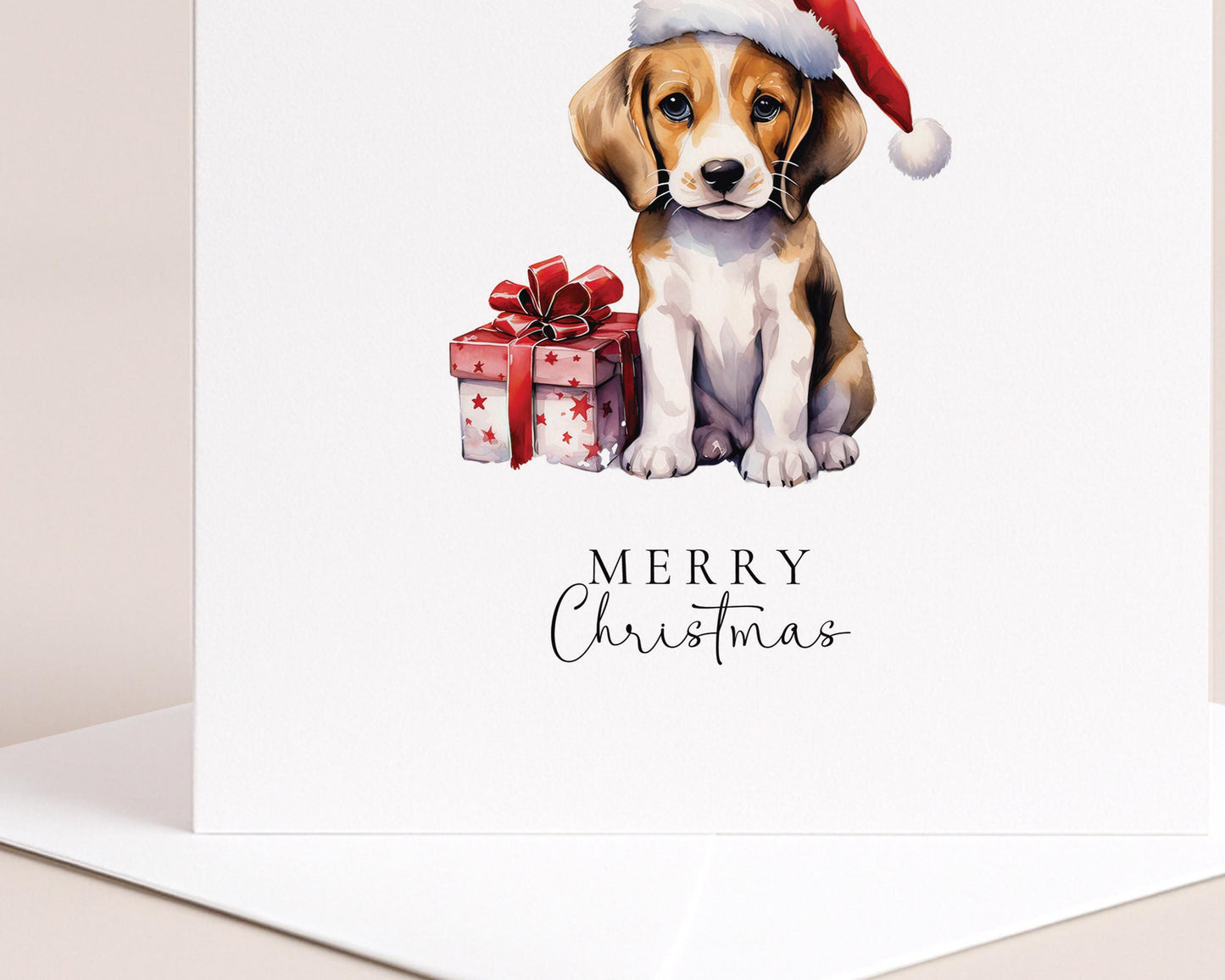 Merry Christmas Beagle Card, Cute Puppy in Santa Hat, Dog Christmas Card, Christmas Card for Dog Lovers, Festive Pet Greeting Card