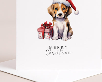 Merry Christmas Beagle Card, Cute Puppy in Santa Hat, Dog Christmas Card, Christmas Card for Dog Lovers, Festive Pet Greeting Card