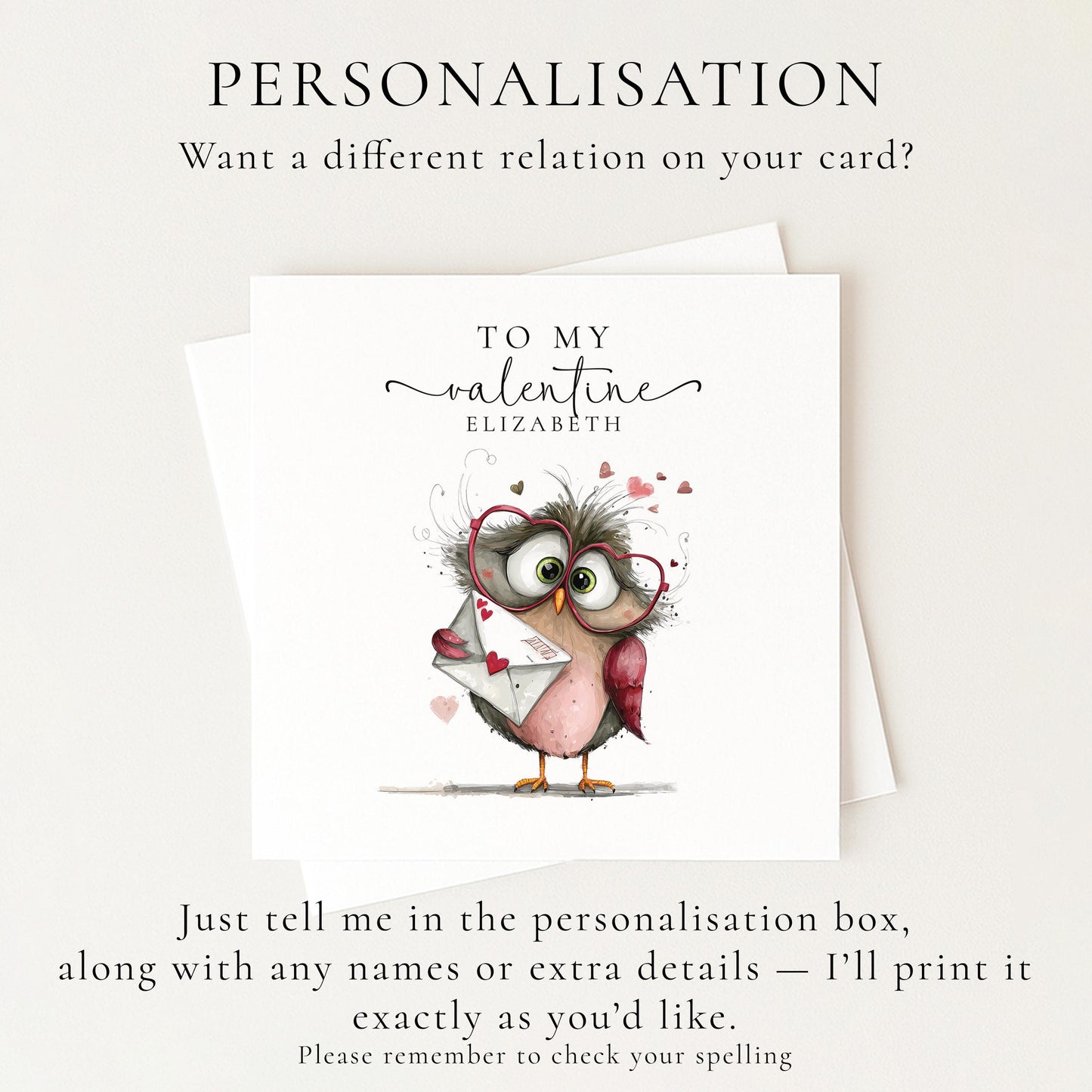 Cute Owl Valentine’s Card Personalised Valentine Card for Her or Him To My Valentine Card Funny Owl Love Card, Romantic Valentine’s Day Card