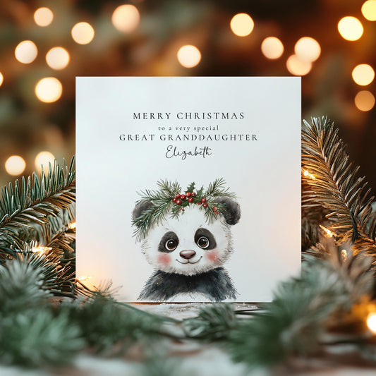 Great Granddaughter Christmas Card, Cute Panda Xmas Card, Personalised Christmas Card for Great Granddaughter, Custom Name Card UK