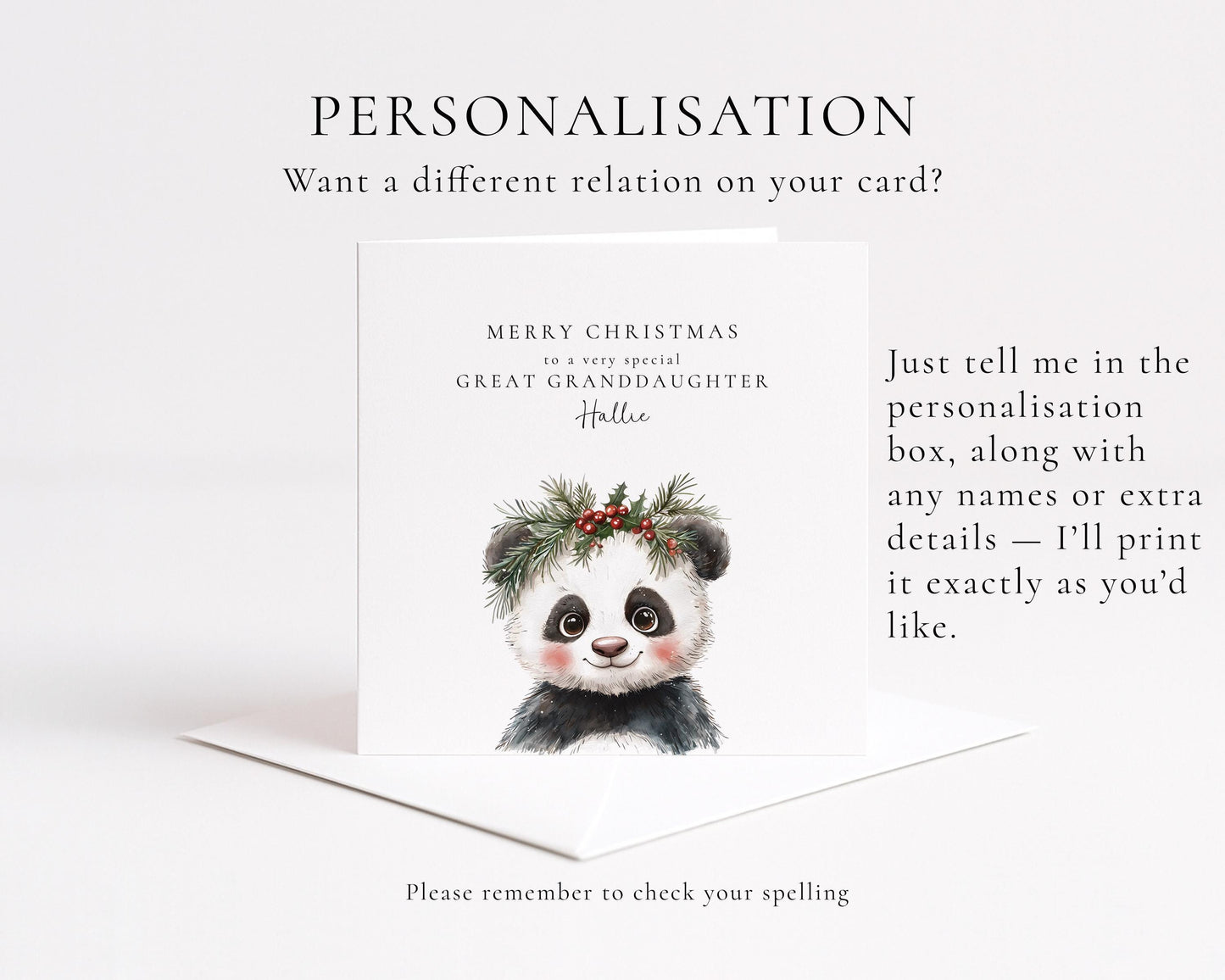 Great Granddaughter Christmas Card, Cute Panda Xmas Card, Personalised Christmas Card for Great Granddaughter, Custom Name Card UK
