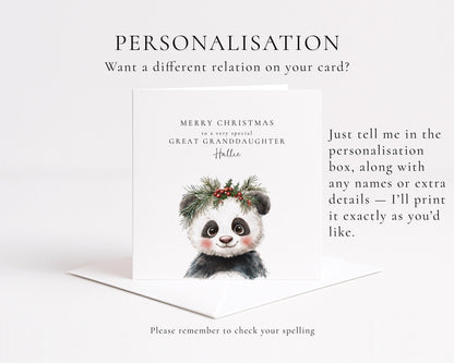 Great Granddaughter Christmas Card, Cute Panda Xmas Card, Personalised Christmas Card for Great Granddaughter, Custom Name Card UK