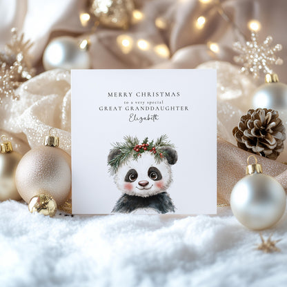 Great Granddaughter Christmas Card, Cute Panda Xmas Card, Personalised Christmas Card for Great Granddaughter, Custom Name Card UK