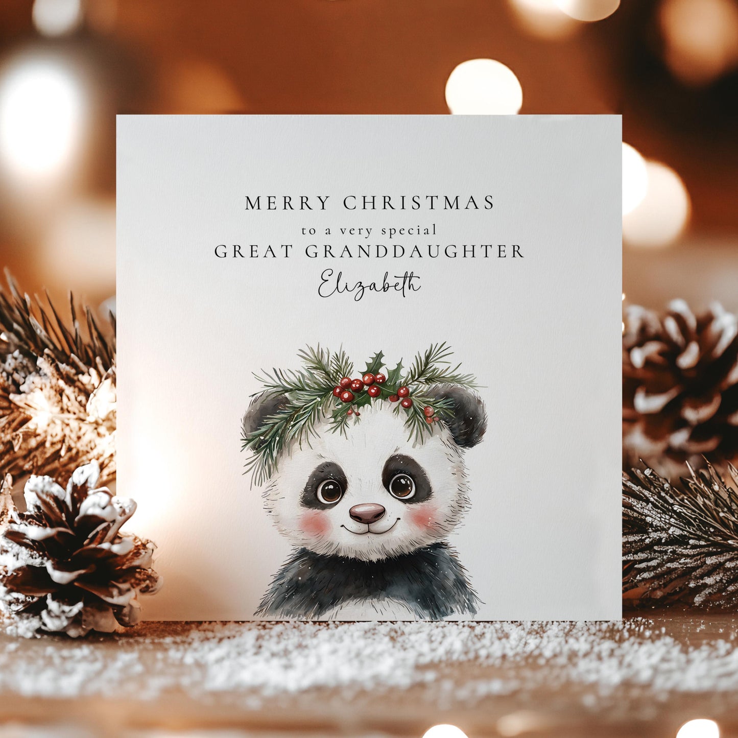 Great Granddaughter Christmas Card, Cute Panda Xmas Card, Personalised Christmas Card for Great Granddaughter, Custom Name Card UK