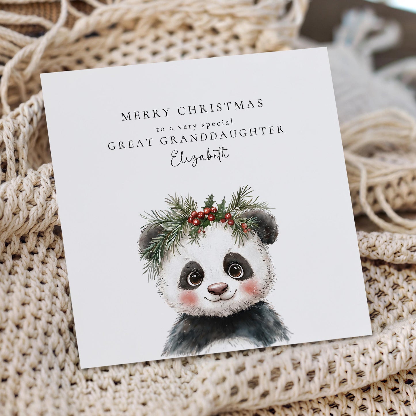 Great Granddaughter Christmas Card, Cute Panda Xmas Card, Personalised Christmas Card for Great Granddaughter, Custom Name Card UK