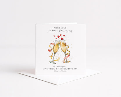 Personalised Anniversary Card, Anniversary Card for Brother and Sister in Law, Champagne Glasses Card, Custom Names Card