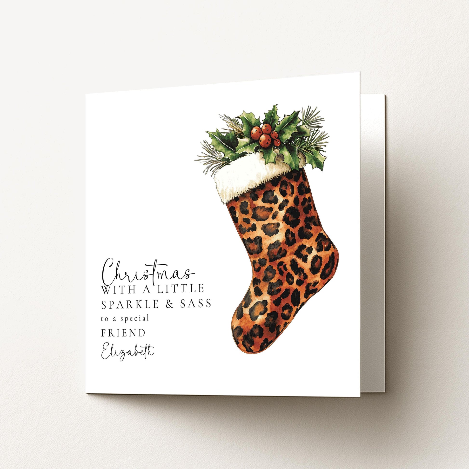 Personalised Leopard Print Christmas Card, Sparkle & Sass Xmas Card, Custom Name Christmas Card for Friend, Funny Festive Card