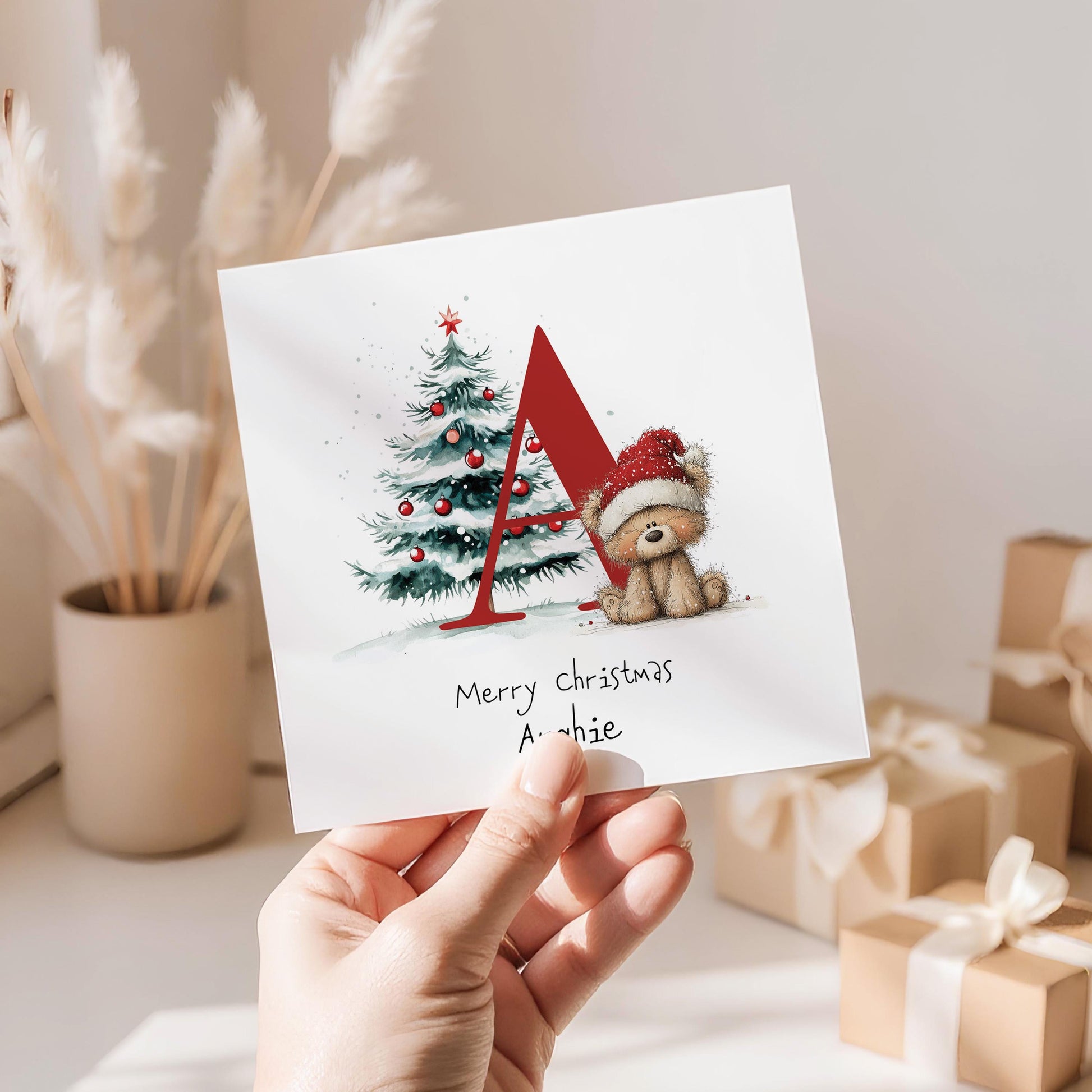 Letter A Christmas Card, Personalised Initial Xmas Card, Cute Bear Christmas Card for Kids, Grandchild