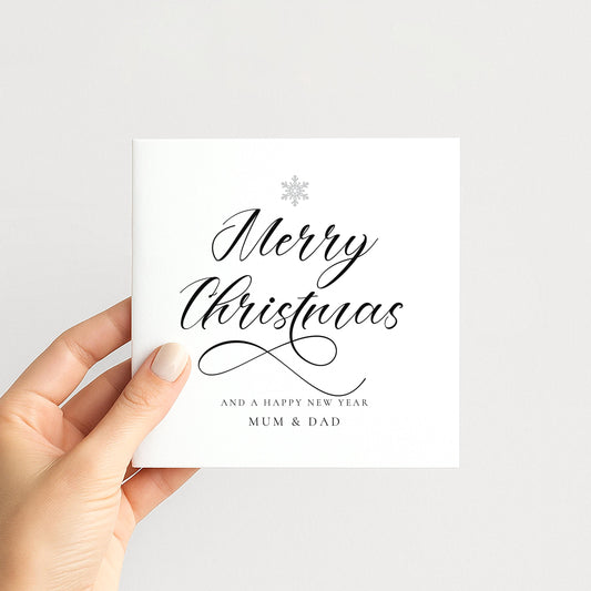 Personalised Merry Christmas Card Mum and Dad, Custom Holiday Card with Family Names, Elegant Christmas Greeting Card