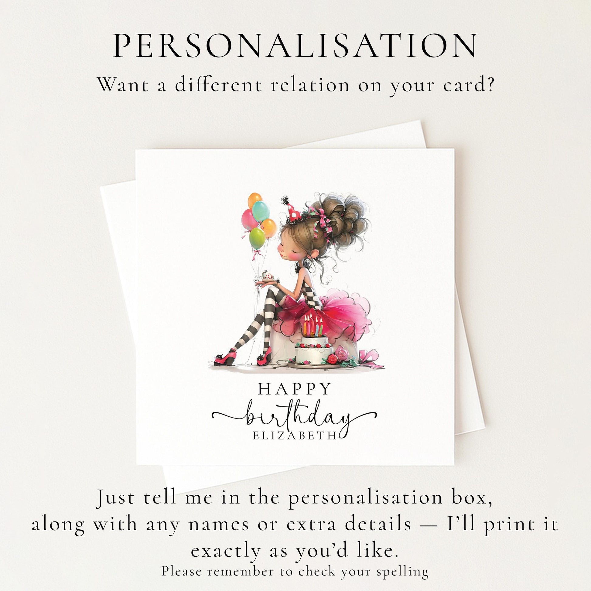 Personalised Girl Birthday Card, Cute Birthday Girl Illustration, Custom Name Card, Pink Birthday Card for Daughter, Granddaughter, Niece