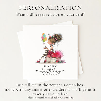 Personalised Girl Birthday Card, Cute Birthday Girl Illustration, Custom Name Card, Pink Birthday Card for Daughter, Granddaughter, Niece