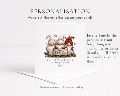 Christmas Card for Grandson, Cute Gnome Christmas Card, Merry Christmas and Happy New Year Card, Personalised Gonk Card