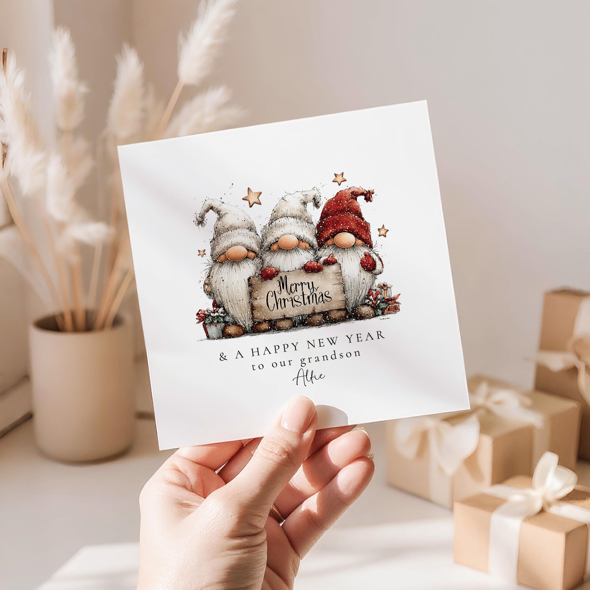 Christmas Card for Grandson, Cute Gnome Christmas Card, Merry Christmas and Happy New Year Card, Personalised Gonk Card