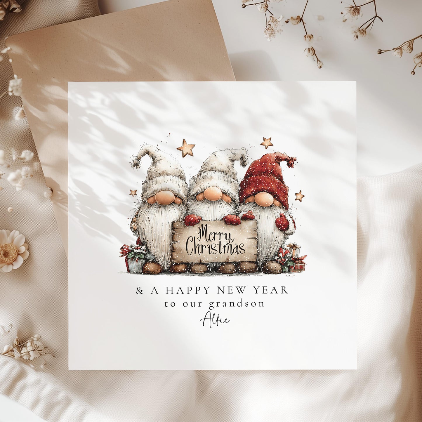 Christmas Card for Grandson, Cute Gnome Christmas Card, Merry Christmas and Happy New Year Card, Personalised Gonk Card